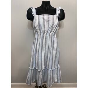 Madison Grey SunDress Ruffle Smocked Open Back Blue Pastel Stripes Sz M Summer